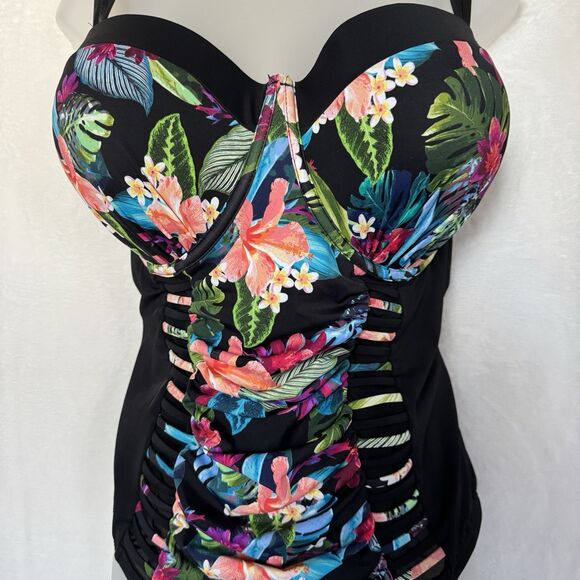 Swimsuits For All One Piece Black Floral Adjustable Underwire Ruched Cutout - Picture 4 of 11